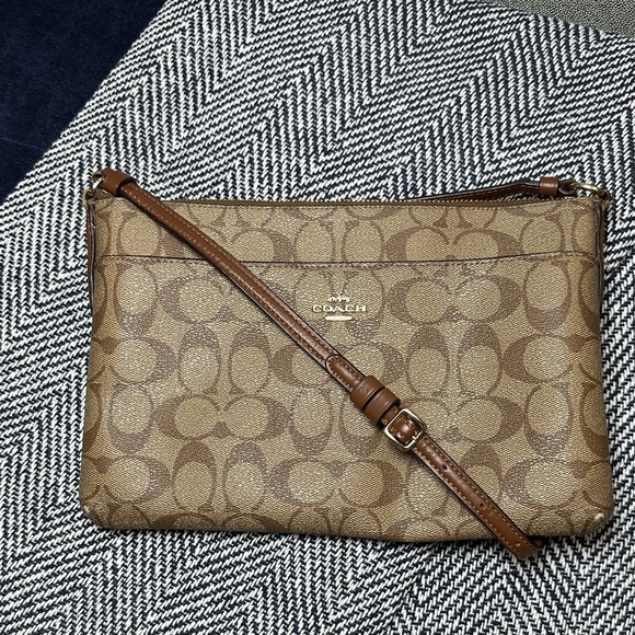 Coach Signature C Canvas Crossbody Bag Brown Leather Trim Adjustable Strap - Picture 1 of 14
